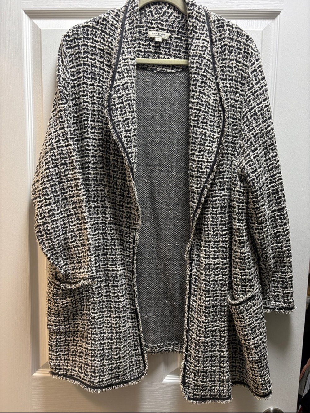 Max Studio Black and White Tweed Open-Front Cardigan
